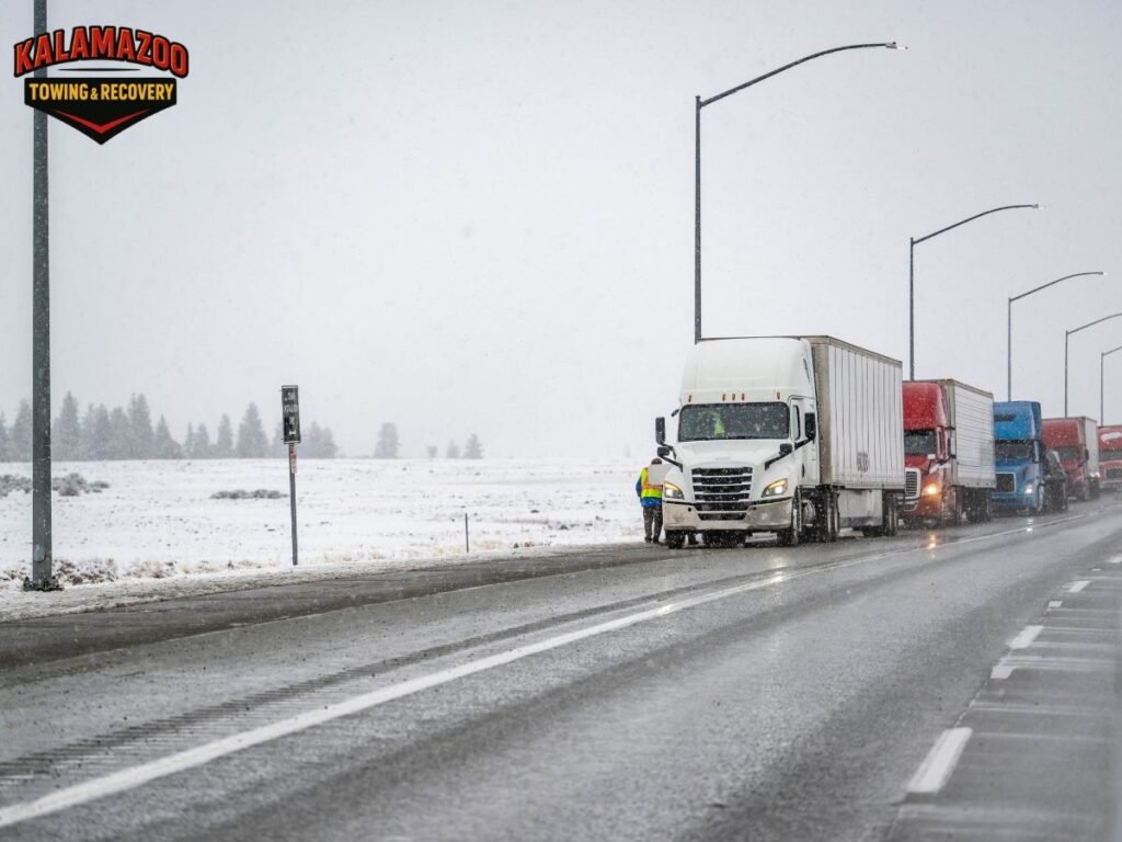 Driver calling a tow truck on a snow‑covered road in Portage Michigan