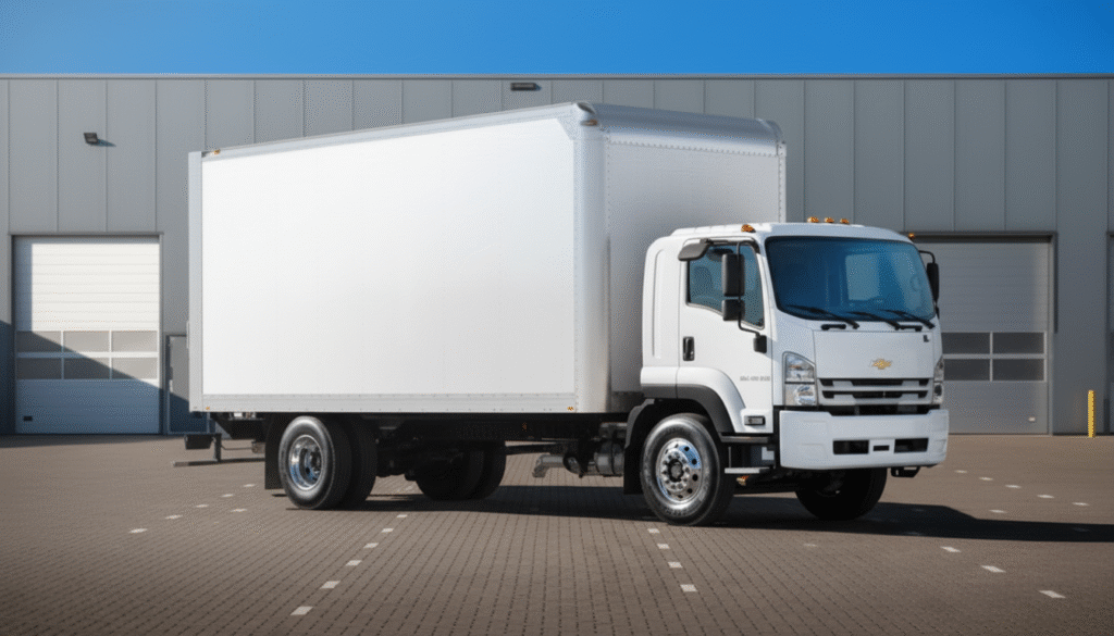 A white commercial box truck parked in front of an industrial warehouse building, positioned on a clean paved lot under clear blue skies.