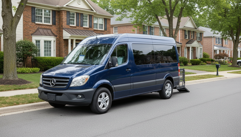 A blue residential driver transport van parked along a quiet suburban street, surrounded by brick homes and neatly maintained lawns.