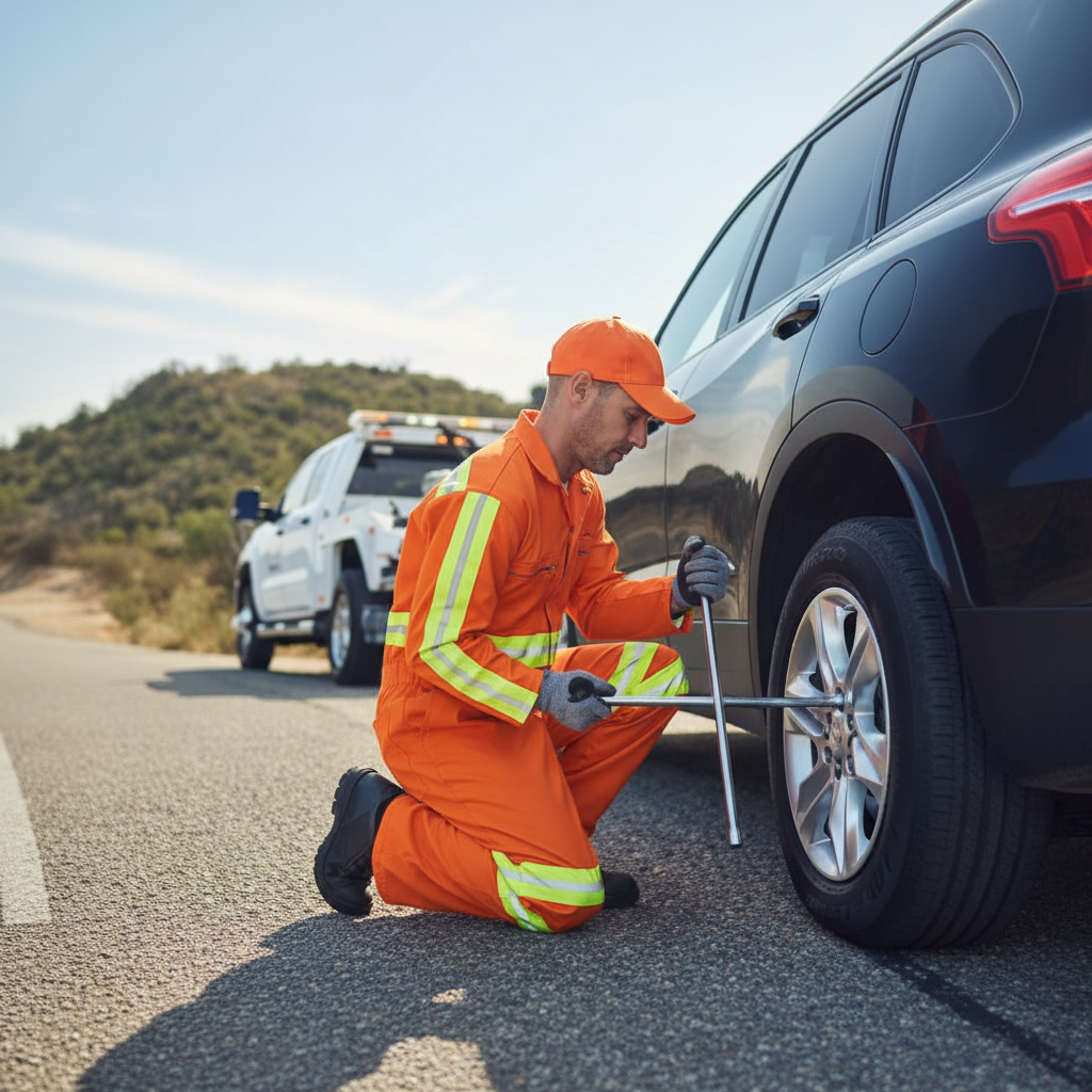 Roadside assistance technician from Kzoo Towing changing a flat tire on a vehicle in Kalamazoo, Michigan, providing fast and reliable roadside support.